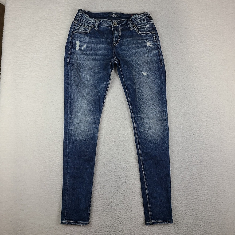Silver Jeans Womens 27x29 Blue Girlfriend Super Stretch Distress Dark Wash Denim
